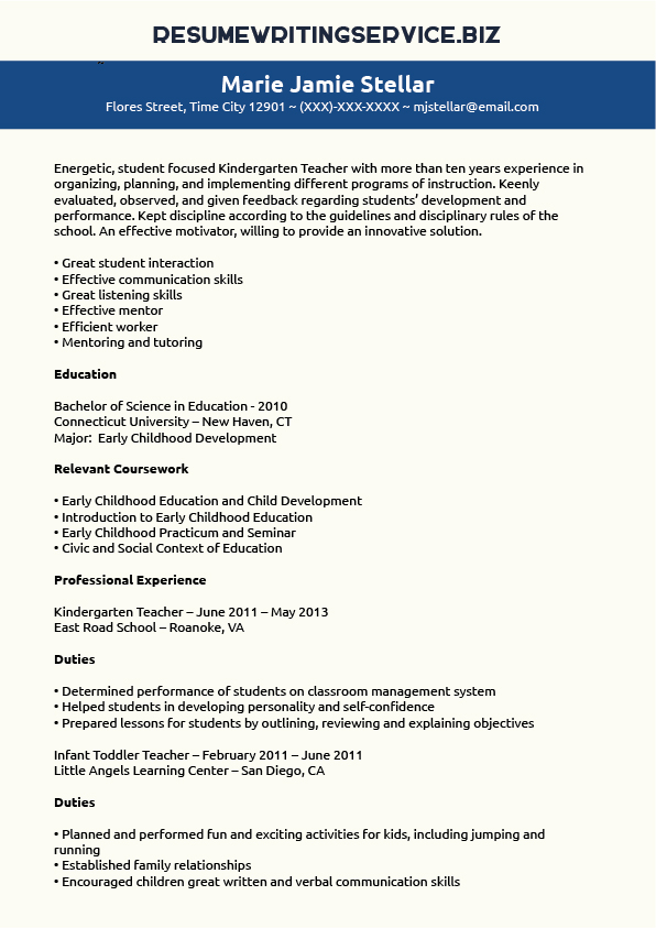 Kindergarten Teacher Resume Sample Resume Writing Service