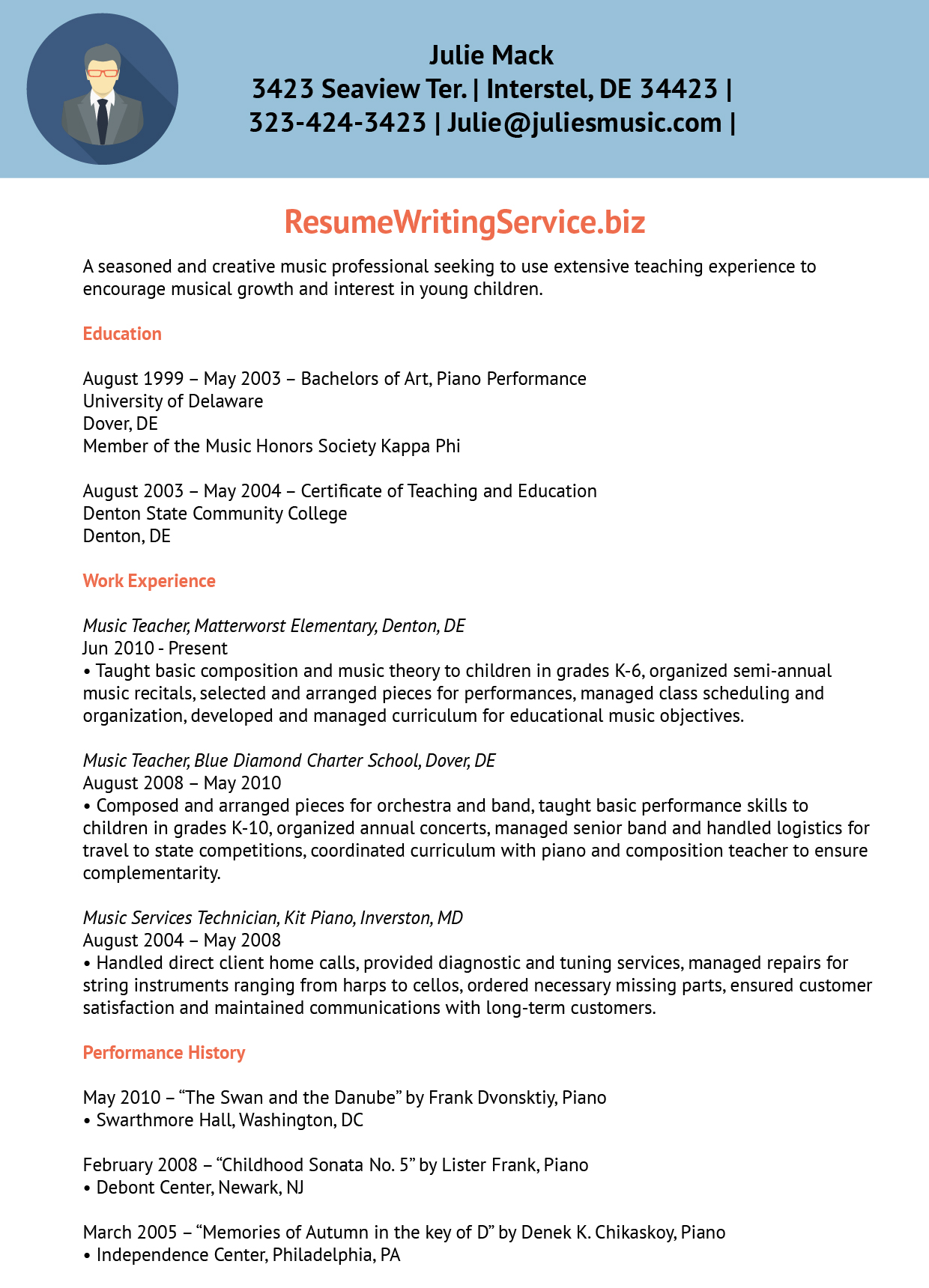 Creative Music Teacher Resume Sample